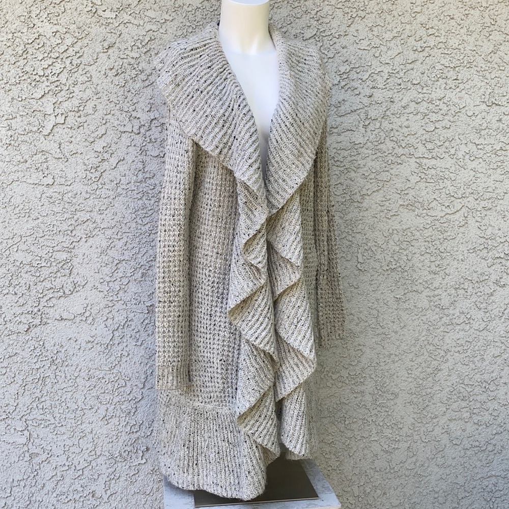 Slonl Ruffle Waterfall Gray Knit Cardigan Sweater
